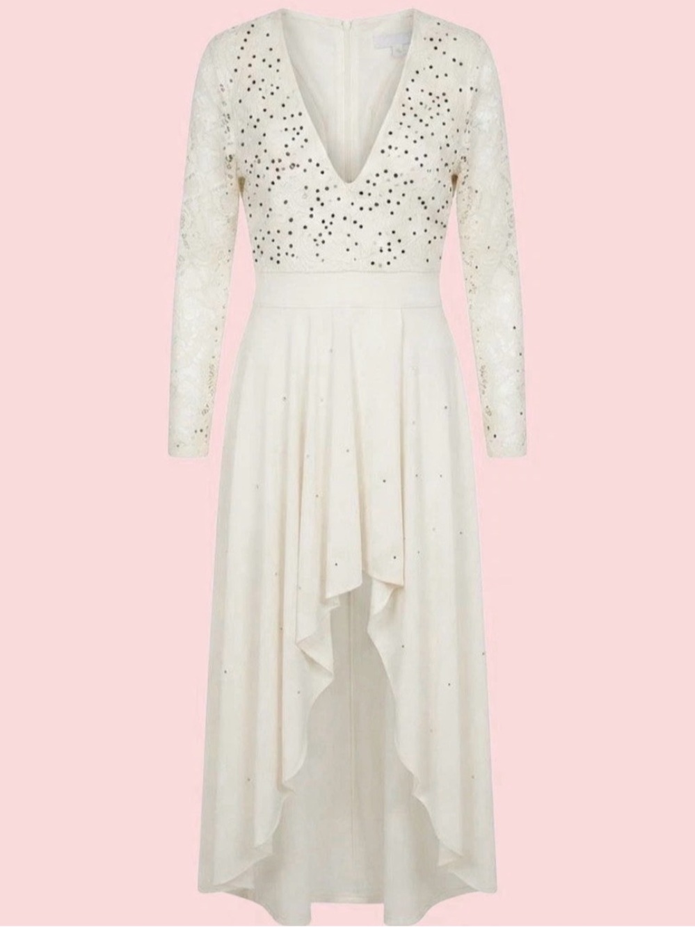 50% off! SUMMER SALE Lace Sleeve Hi Low Cocktail Dress w Rhinestones Sz L